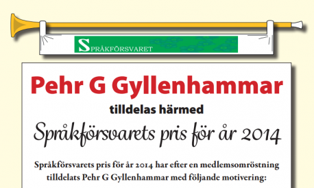 Klip fra artikel, der begrunder tildelingen af Språkförsvarets pris for 2014 til Pehr G. Gyllenhammar