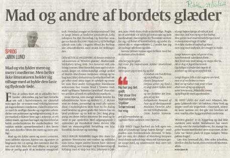 Billede af Jørn Lunds omtale af Modersmål-Selskabets årbog BOrdets glæder (Politiken, 24-10-2016)