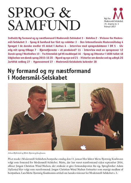Forside på det nyeste nummer af Sprog & Samfund med indholdsfortegnelse og notits om Modersmål-Selskabets nye formandskab